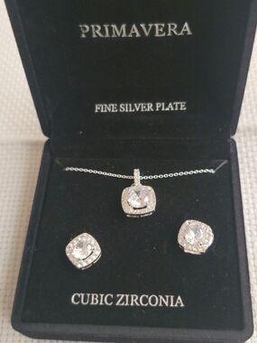 Silver Cubic Zirconia Necklace and Earrings Set - White